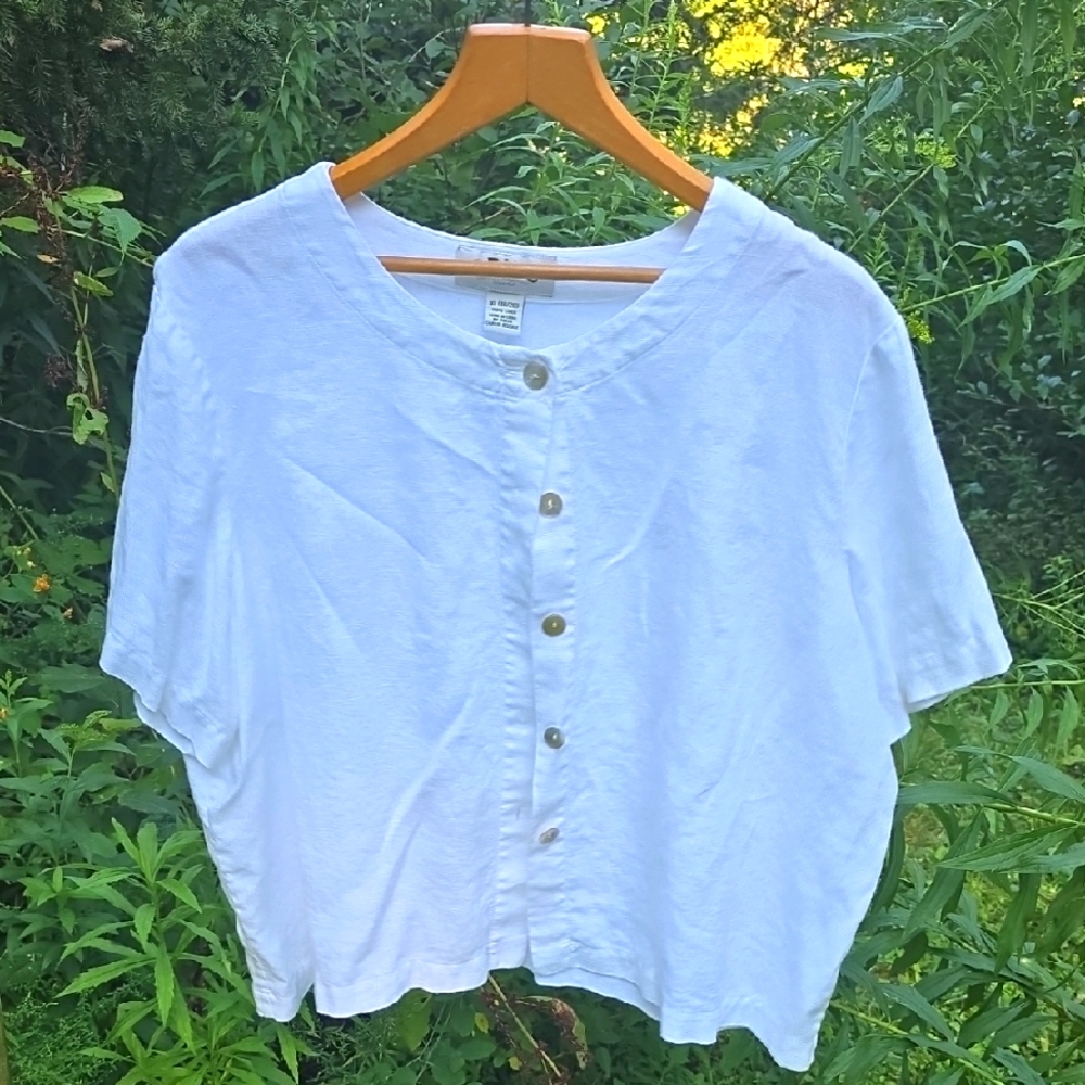 Orvis White Linen Boxy Short Sleeve Shirt Top Lagenlook Sz XL
